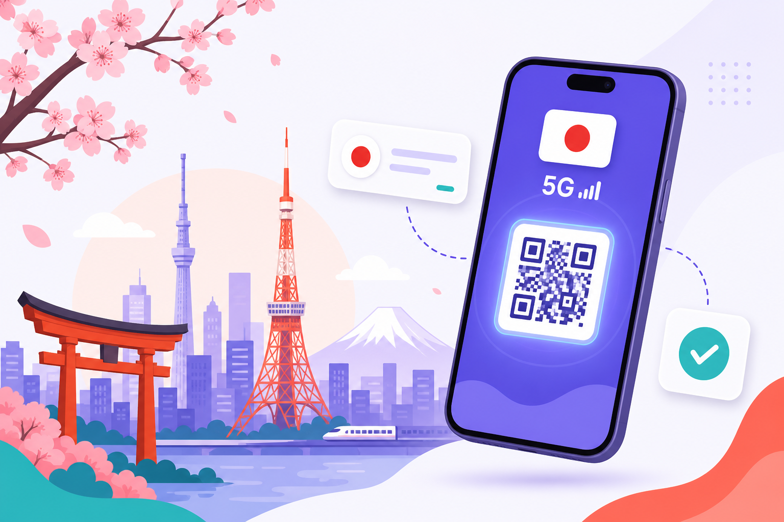 eSIM Japon soraesim : QR code 5G, Tokyo Tower, Mont Fuji et Shinkansen